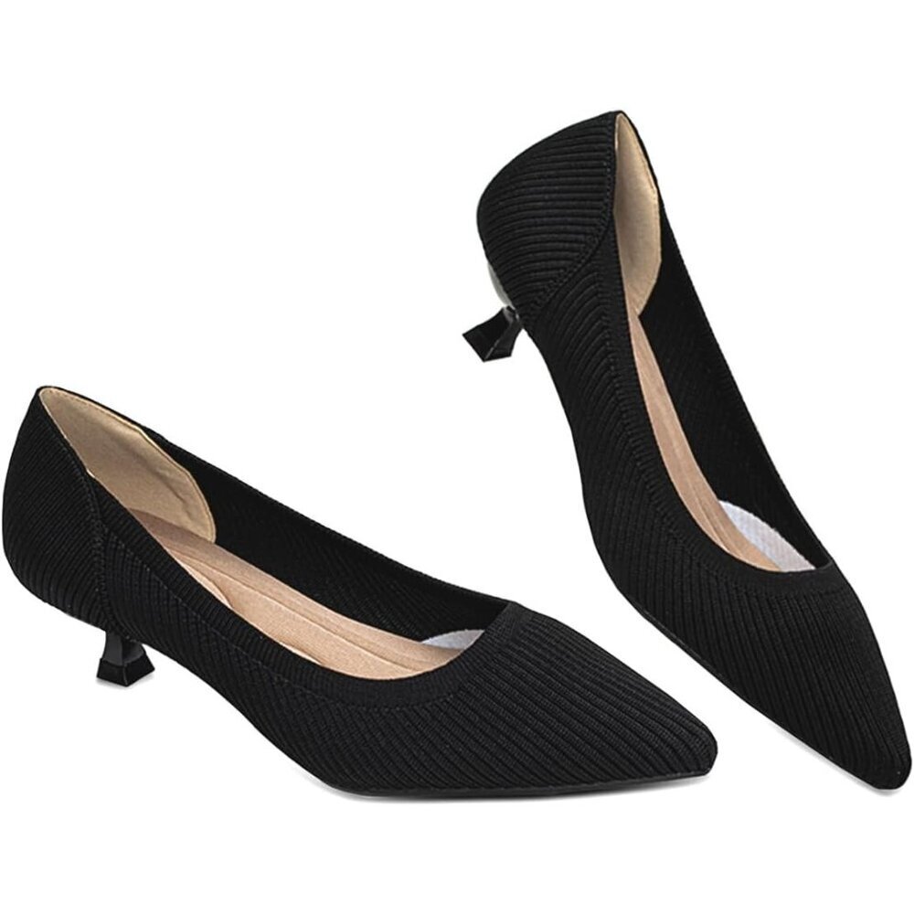 Women's Black Kitten Heels Pumps Comfortable Knit Closed Toe Heels Casual